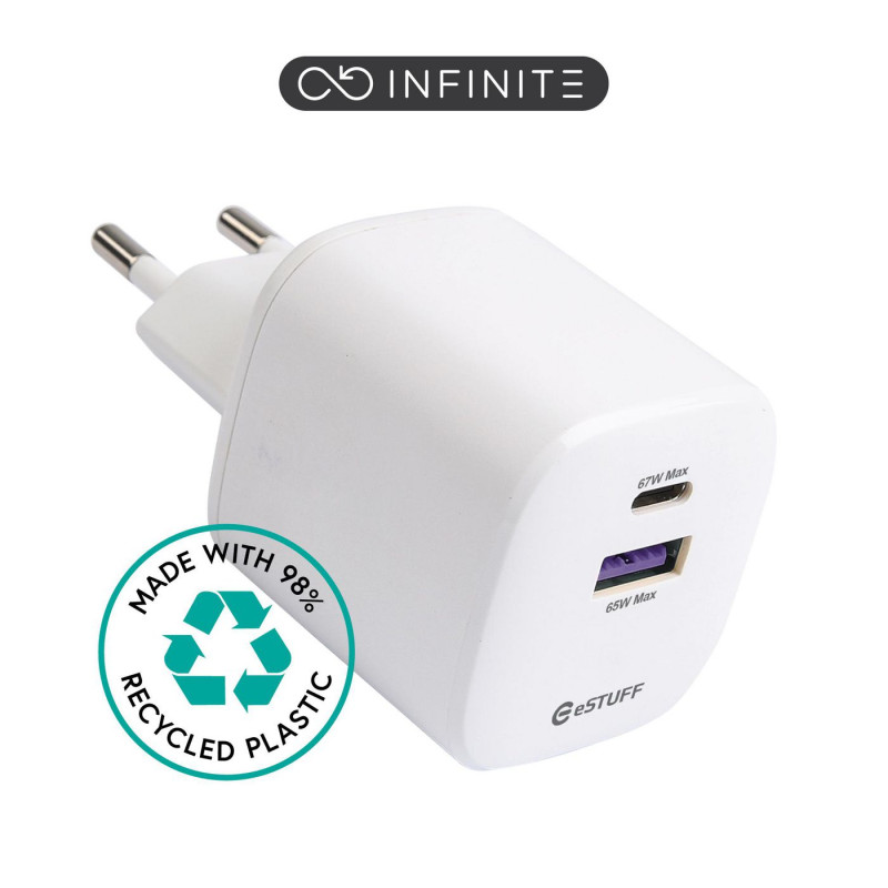 eSTUFF INFINITE USB-C Laturi EU PD 67W GaN - Valkoinen - 98% Kierrätettyä muovia