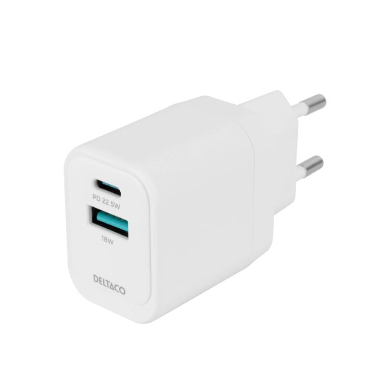 USB wall charger, 1x USB-A 18 W, 1x USB-C PD 20 W, white