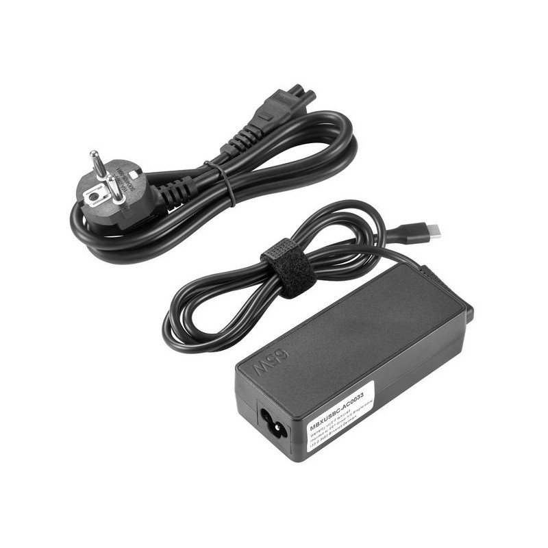 CoreParts USB-C Power Adapter PD3.0 65W. 5V/3A, 9V/3A, 12V/3A, 15V/3A, 20V/3.25A - with Power Cord