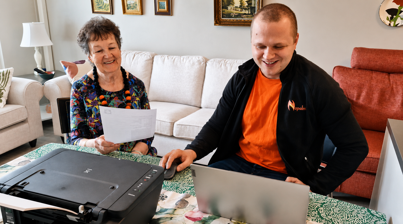 Napalmin Toni auttaa asiakasta tietokoneen ja tulostimen kanssa