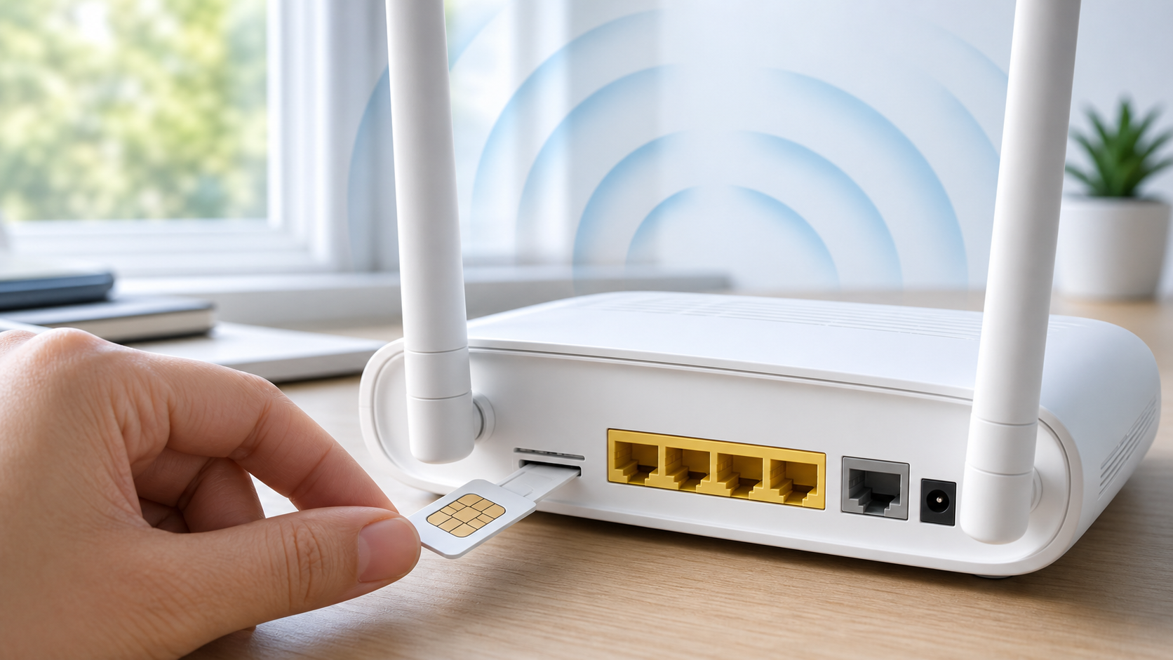 4G-reitittimen SIM-korttipaikka, antennit ja Ethernet-portit