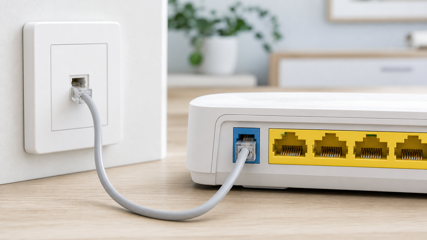 ADSL- ja VDSL-yhteyden RJ11-tyyppinen johto kytkettynä DSL-modeemin porttiin