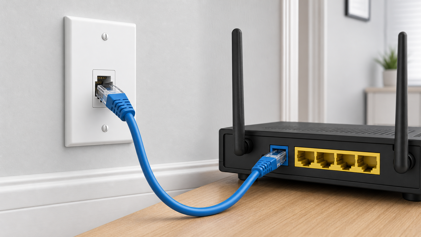 RJ45 Ethernet -seinäpistorasia kytkettynä reitittimen WAN-porttiin