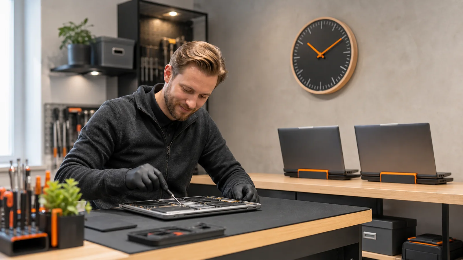 Teknikko korjaa kannettavaa tietokonetta huoltoliikkeessä kellon vieressä