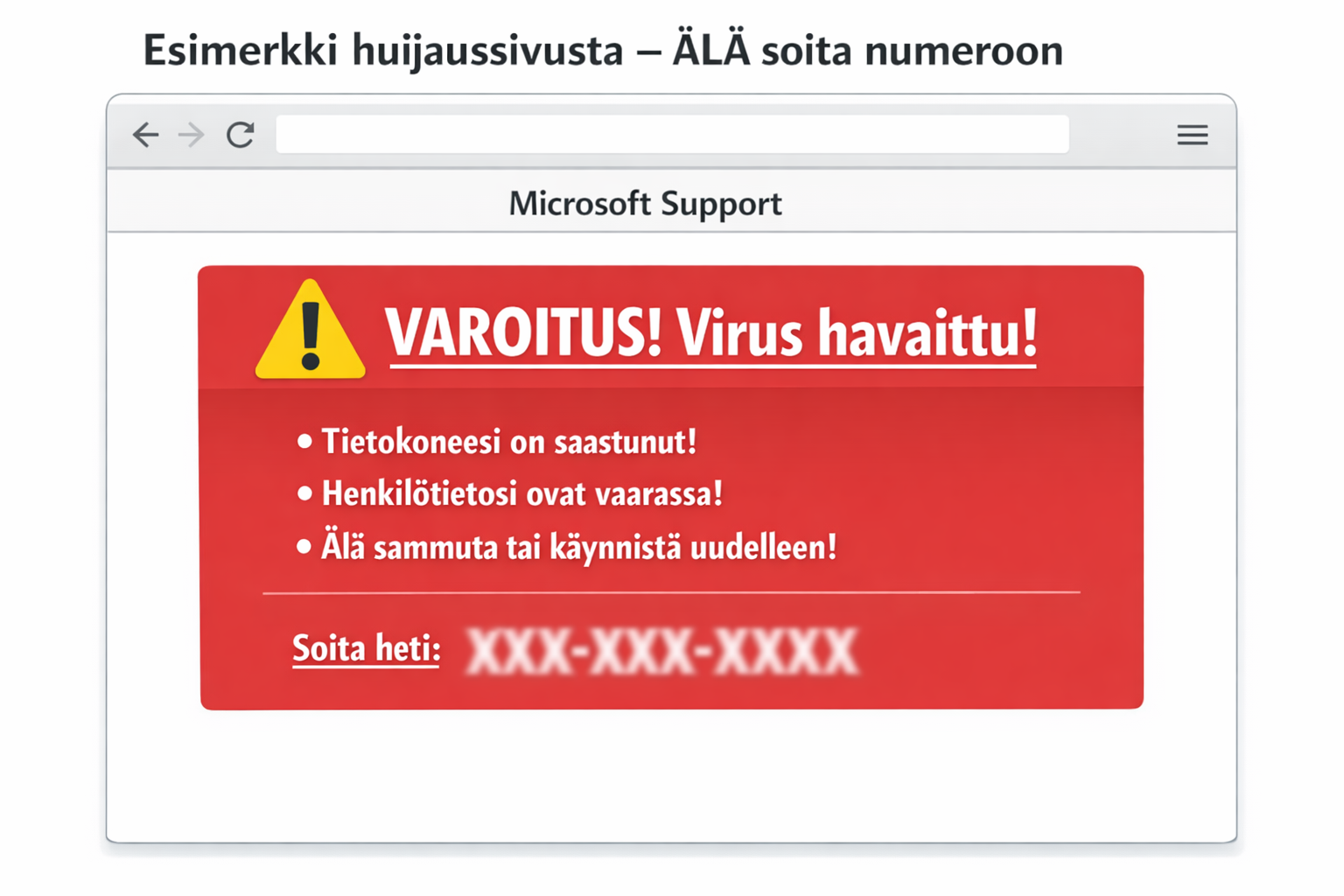 Microsoft-tukihuijaus yrittää saada käyttäjän soittamaan tai asentamaan etäyhteyden.
