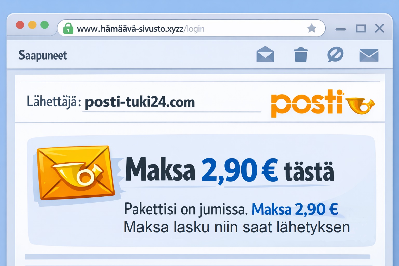 Sähköposti- ja tekstiviestihuijauksissa linkki vie usein väärälle kirjautumissivulle.