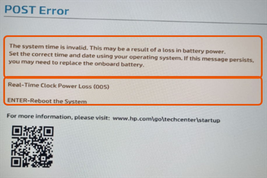 HP-tietokoneen POST Error -ilmoitus Real-Time Clock Power Loss 005, joka kertoo sisäisen kellon virran katoamisesta