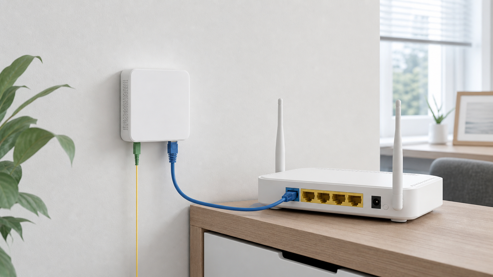 Valokuidun ONT-pääte, josta Ethernet-kaapeli menee reitittimen WAN-porttiin