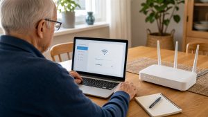 Ikääntynyt kotikäyttäjä vaihtaa WiFi-salasanaa kannettavalla tietokoneella reitittimen vieressä