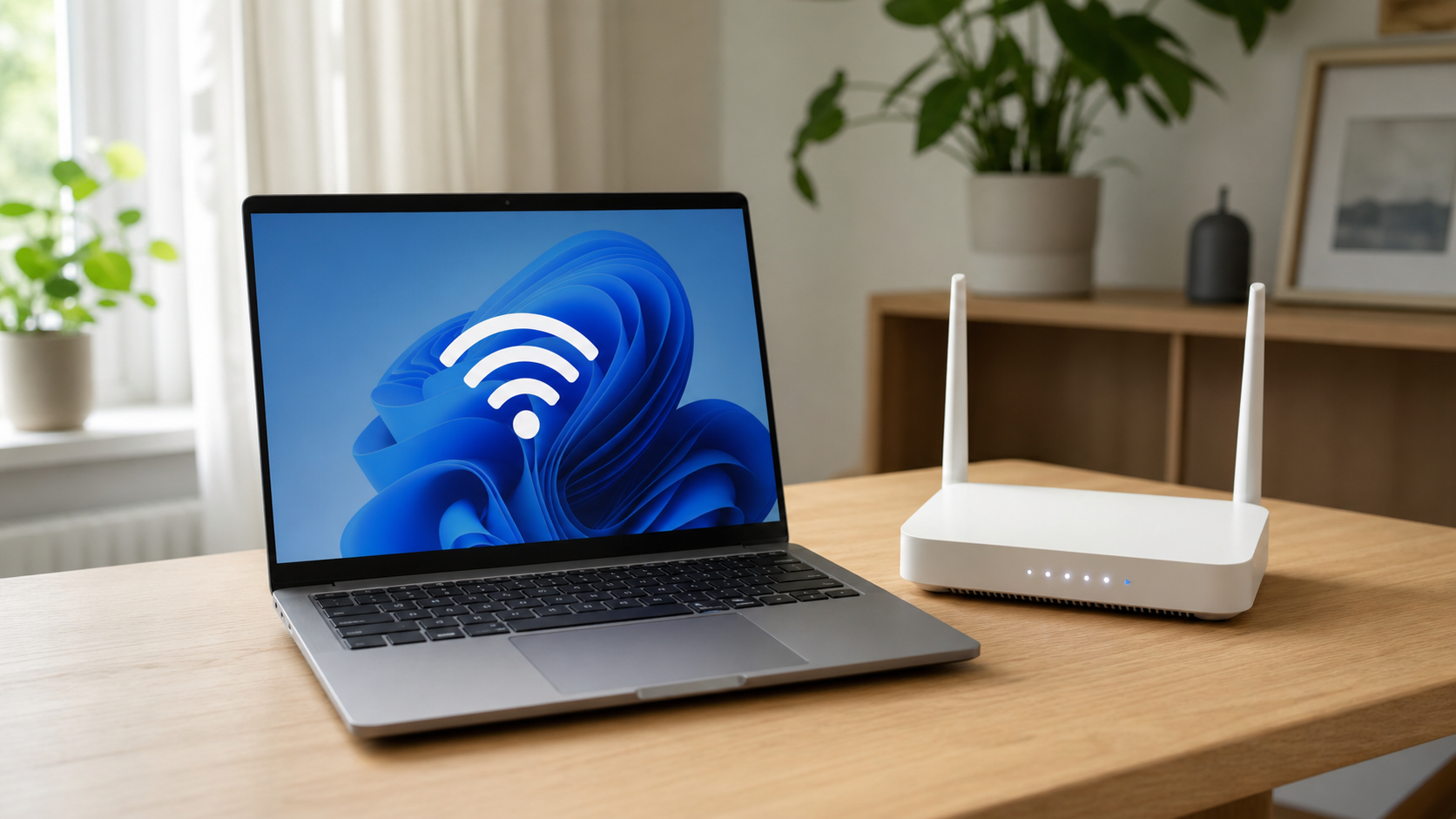 Windows 11 -kannettava tietokone ja kodin WiFi-reititin valmiina langattomaan verkkoon yhdistämistä varten
