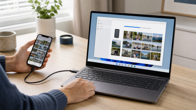 iPhone yhdistettynä USB-kaapelilla Windows 11 -tietokoneeseen kuvien siirtoa varten