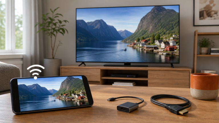 Puhelin suoratoistaa saman kuvan älytelevisioon ja pöydällä on HDMI-sovitin