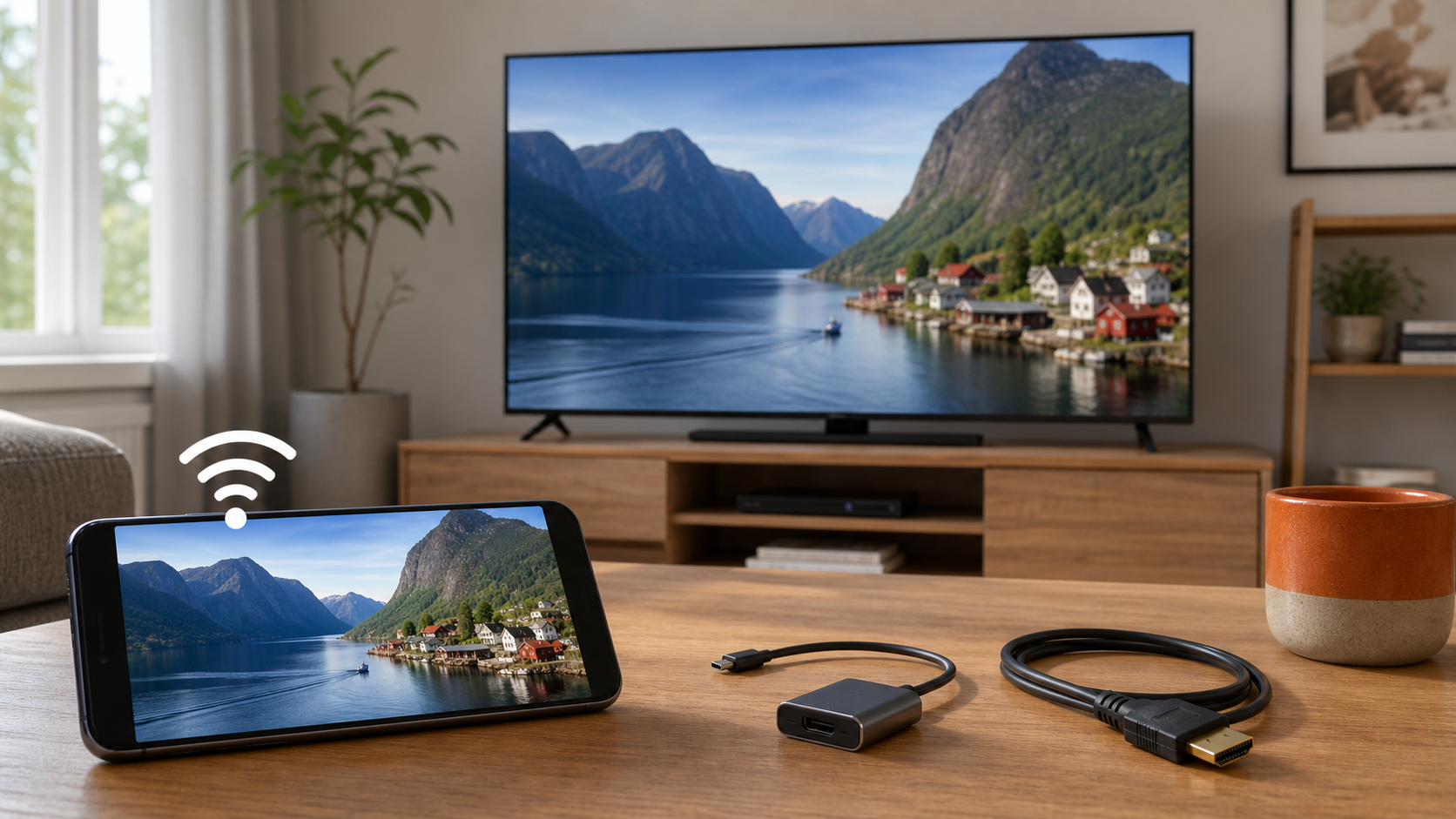 Puhelin suoratoistaa saman kuvan älytelevisioon ja pöydällä on HDMI-sovitin