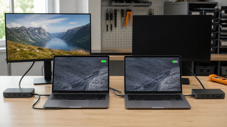 Kaksi USB-C-telakkaan liitettyä kannettavaa, joista vain toinen välittää kuvan näyttöön