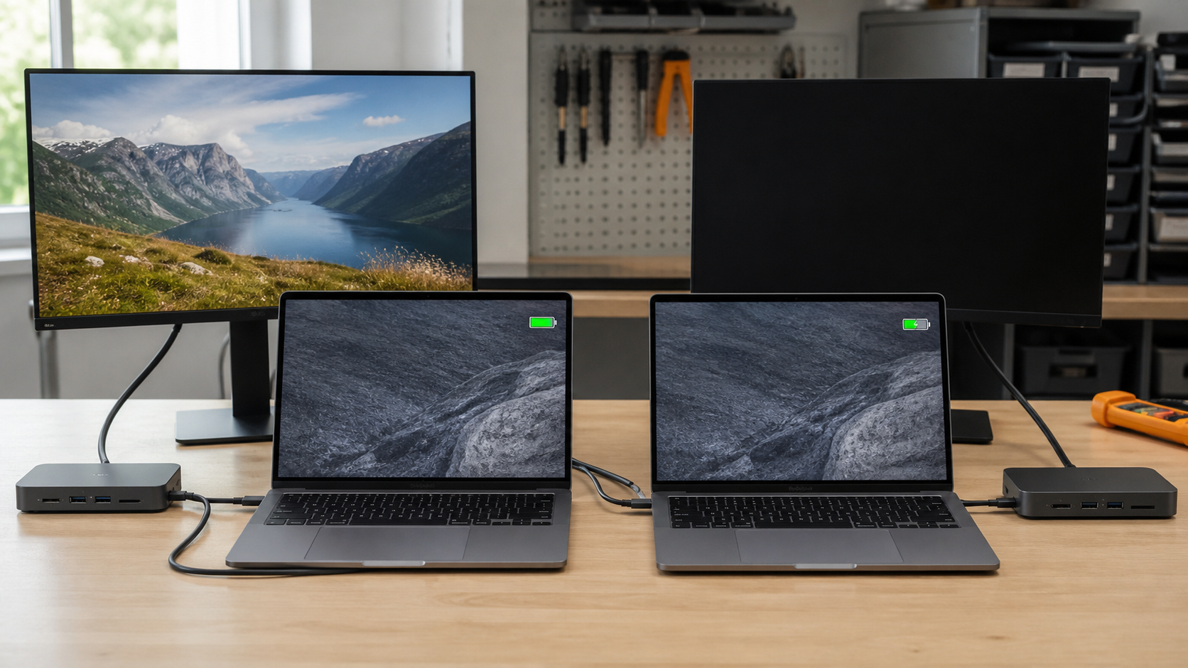 Kaksi USB-C-telakkaan liitettyä kannettavaa, joista vain toinen välittää kuvan näyttöön