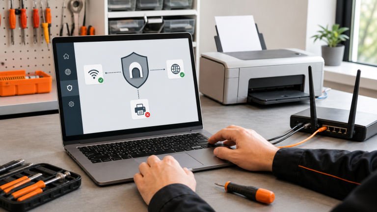 Tietokonehuoltaja selvittää VPN-yhteyttä, joka estää langattoman tulostimen käytön
