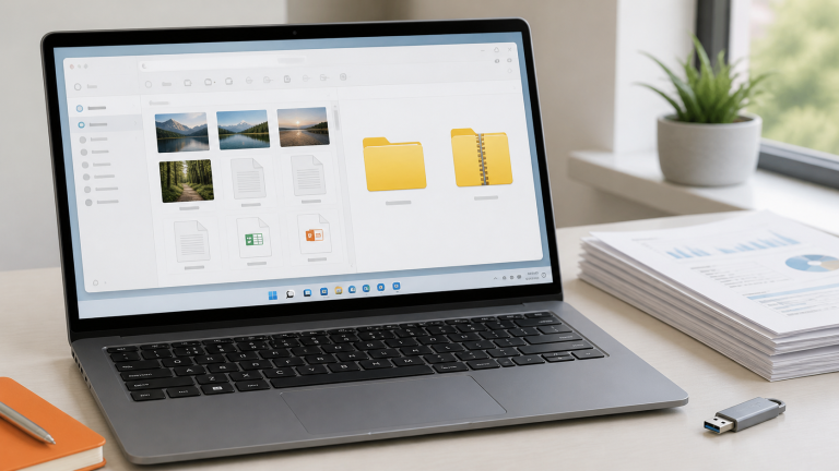 Windows 11 -tietokoneessa näkyvät tavallinen kansio ja vetoketjulla merkitty ZIP-kansio