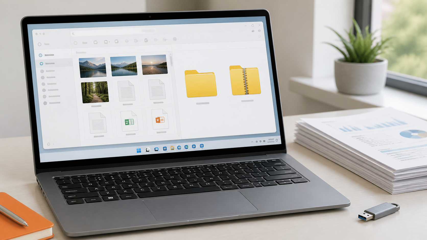 Windows 11 -tietokoneessa näkyvät tavallinen kansio ja vetoketjulla merkitty ZIP-kansio