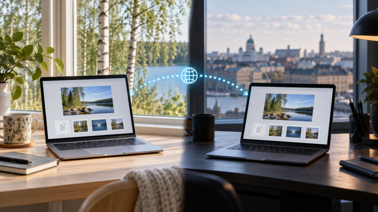 Kuvitus tiedostojen siirrosta internetin kautta kahden eri paikassa olevan kannettavan tietokoneen välillä.