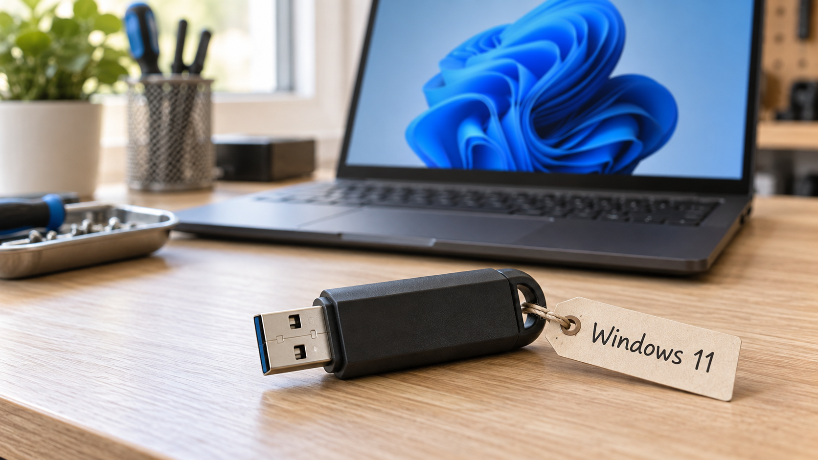 Kuvitus Windows 11 -asennukseen merkitystä USB-muistitikusta kannettavan tietokoneen vieressä.