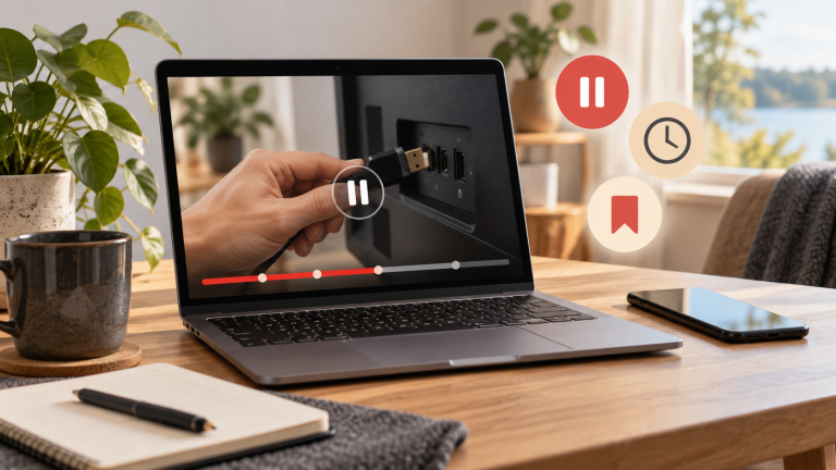 Kuvitus opastusvideon katselusta kannettavalla tietokoneella sekä tauon, ajan ja tallentamisen symboleista.