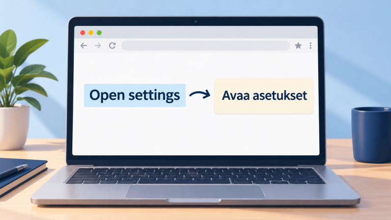 Kuvitus tekstin kääntämisestä: kannettavan näytöllä Open settings muuttuu muotoon Avaa asetukset.
