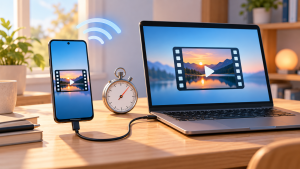 Kuvitus suuren videon siirtämisestä puhelimesta kannettavaan USB-johdolla; vieressä sekuntikello ja langattoman yhteyden symboli.