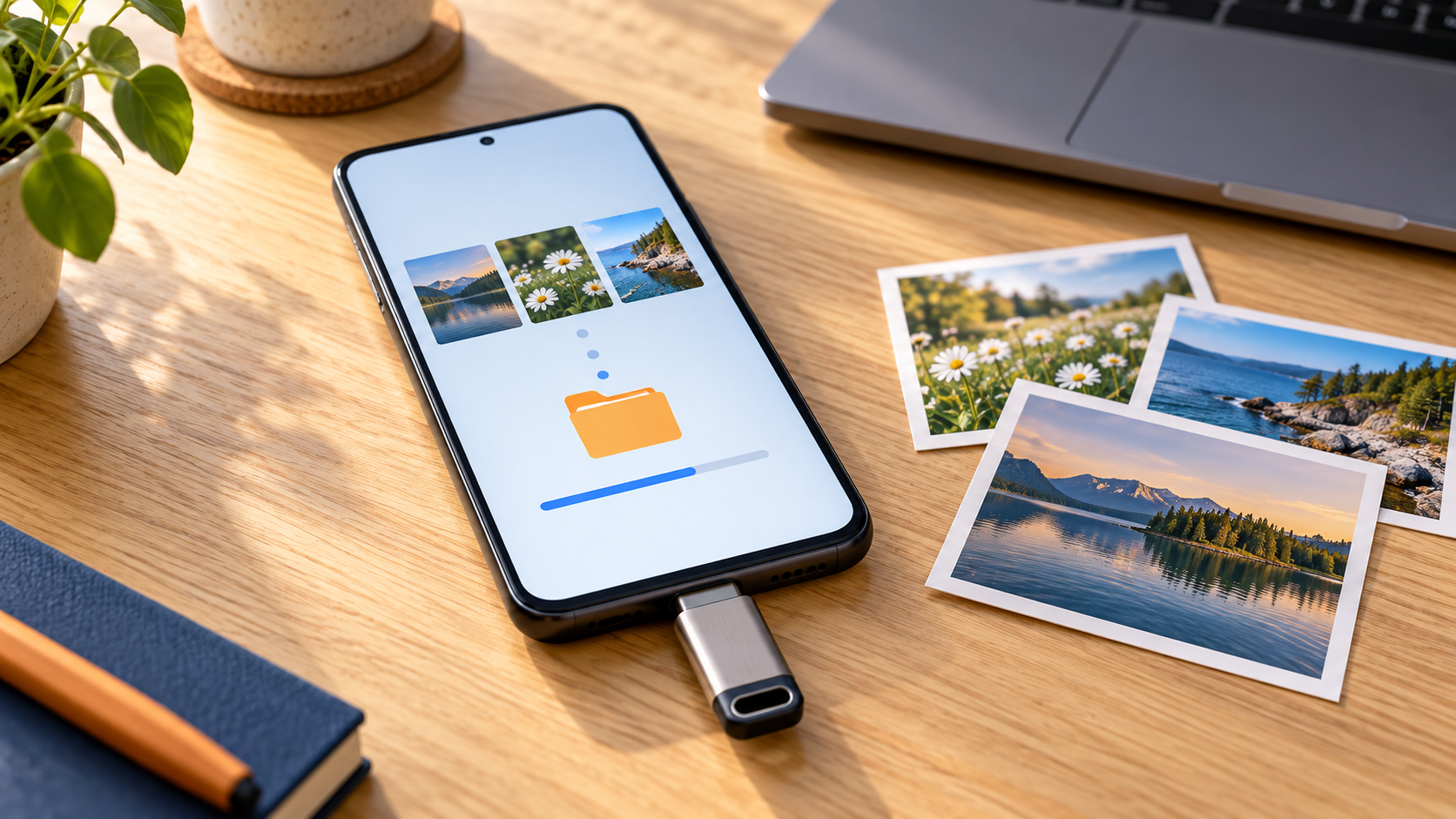 Havainnollistava kuvitus Android-puhelimeen liitetystä USB-muistitikusta ja kuvien kopioinnista, taustalla kannettava tietokone.
