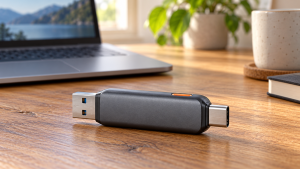 Havainnollistava kuvitus kaksiliittimisestä muistitikusta: toisessa päässä on suorakulmainen USB-A ja toisessa pieni USB-C-liitin.
