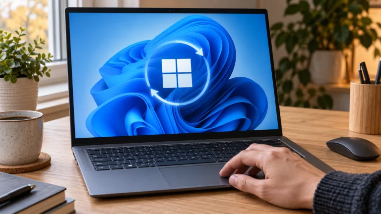 Windows-päivitystä havainnollistava kuvitus: kannettava tietokone ja päivitysnuolet sinisellä näytöllä.